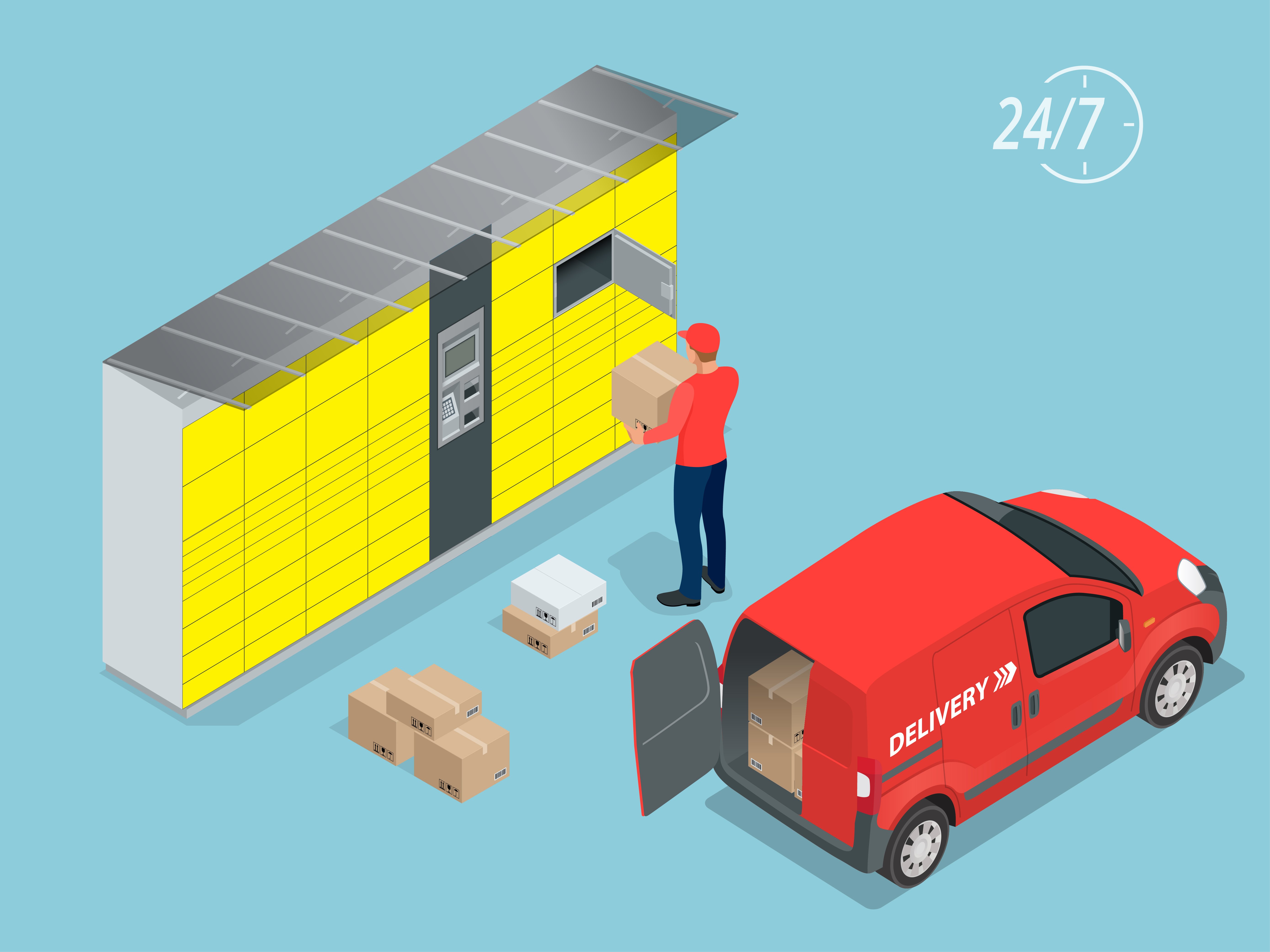 Carrier locker network and delivery van illustration